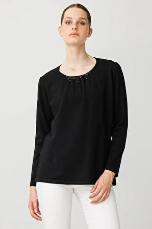 Kadın Sıfır Yaka Dantel Çiçek İşlemeli Ligralı Bluz Siyah