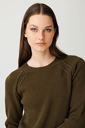 Kadın Sıfır Yaka Boncuklu Yün Kazak A.Yeşili