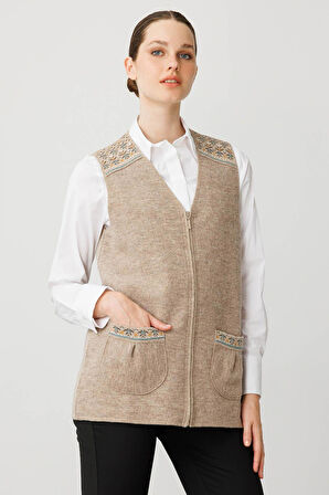 Kadın V Yaka Önü Keçe Fermuarlı Kısa Yün Yelek K.Bej