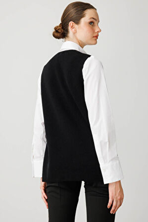 Kadın V Yaka Önü Keçe Fermuarlı Kısa Yün Yelek Siyah