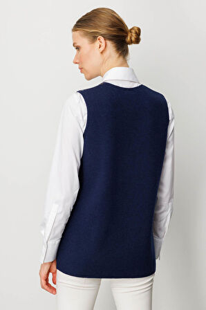 Kadın V Yaka Önü Keçe Fermuarlı Kısa Yün Yelek Y.A.Lacivert