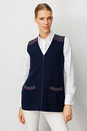 Kadın V Yaka Önü Keçe Fermuarlı Kısa Yün Yelek Y.A.Lacivert