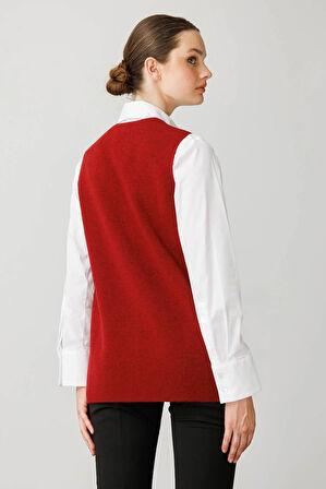 Kadın V Yaka Önü Keçe Fermuarlı Kısa Yün Yelek Y.Kırmızı