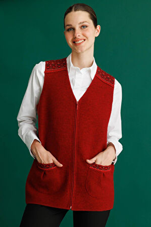 Kadın V Yaka Önü Keçe Fermuarlı Kısa Yün Yelek Y.Kırmızı