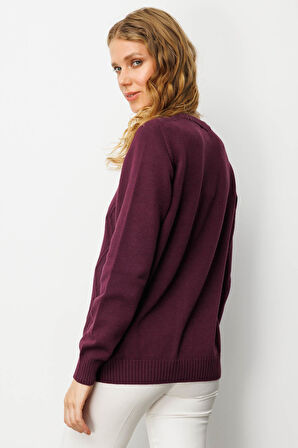 Kadın V Yaka Önü Baklavalı Nakış İşlemeli Hırka Mürdüm