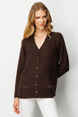 Kadın V Yaka Sahte Cepli Düğmeli Hırka Kahve