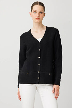 Kadın V Yaka Sahte Cepli Düğmeli Hırka Siyah