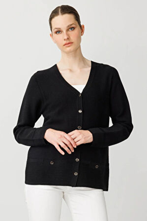 Kadın V Yaka Sahte Cepli Düğmeli Hırka Siyah