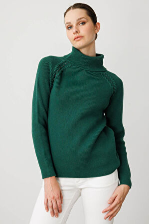 Kadın Tam Balıkçı Yaka Kolu Boncuklu Yün Kazak Ö.Başı