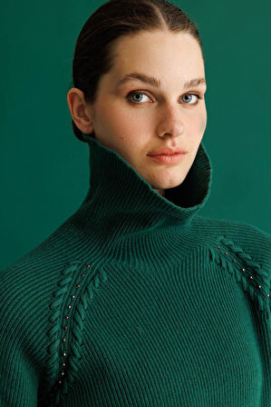 Kadın Tam Balıkçı Yaka Kolu Boncuklu Yün Kazak Ö.Başı