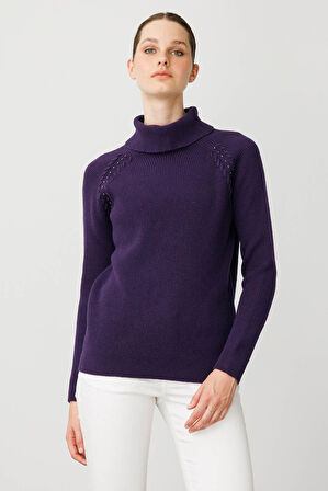 Kadın Tam Balıkçı Yaka Kolu Boncuklu Yün Kazak K.Mor