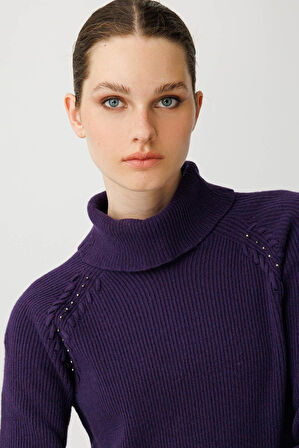 Kadın Tam Balıkçı Yaka Kolu Boncuklu Yün Kazak K.Mor