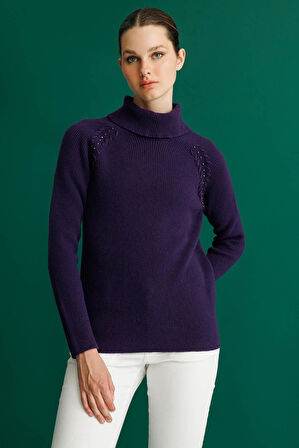 Kadın Tam Balıkçı Yaka Kolu Boncuklu Yün Kazak K.Mor