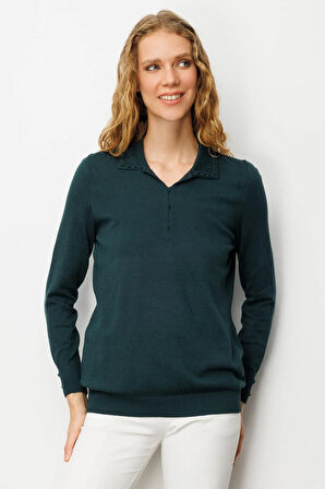 Kadın Polo Yaka Nakış İşlemeli Ligralı Bluz Yeşil