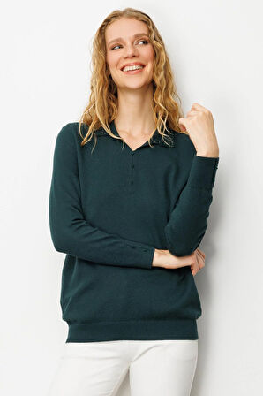 Kadın Polo Yaka Nakış İşlemeli Ligralı Bluz Yeşil