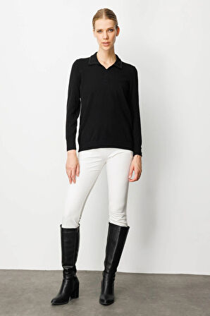 Kadın Polo Yaka Nakış İşlemeli Ligralı Bluz Siyah