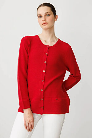 Kadın Sıfır Yaka Sahte Cepli Düğmeli Hırka K.Kırmızı