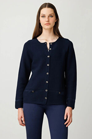 Kadın Sıfır Yaka Sahte Cepli Düğmeli Hırka K.Lacivert