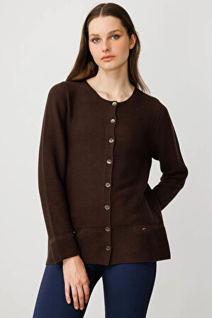 Kadın Sıfır Yaka Sahte Cepli Düğmeli Hırka Kahve