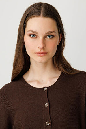 Kadın Sıfır Yaka Sahte Cepli Düğmeli Hırka Kahve