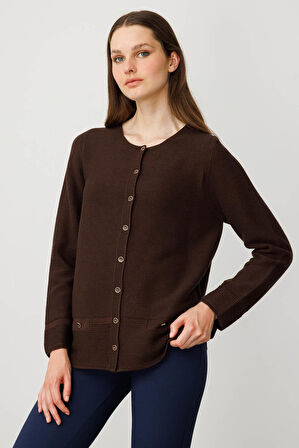 Kadın Sıfır Yaka Sahte Cepli Düğmeli Hırka Kahve