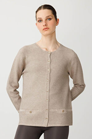 Kadın Sıfır Yaka Sahte Cepli Düğmeli Hırka Vizon