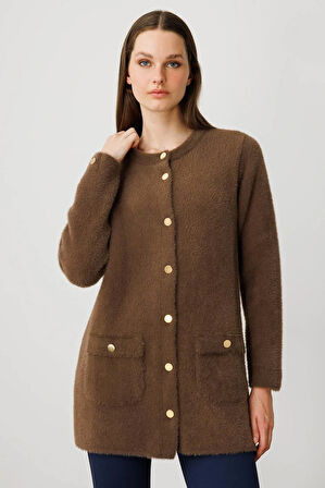 Kadın Sıfır Yaka Metal Düğmeli Araboy Afrodit Triko Ceket Kahve