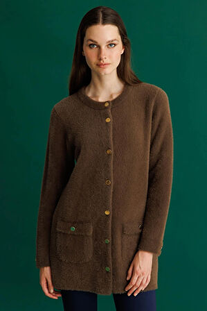 Kadın Sıfır Yaka Metal Düğmeli Araboy Afrodit Triko Ceket Kahve