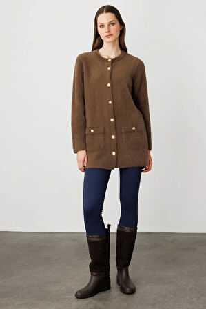 Kadın Sıfır Yaka Metal Düğmeli Araboy Afrodit Triko Ceket Kahve