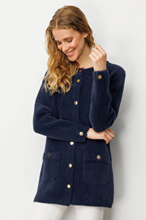 Kadın Sıfır Yaka Metal Düğmeli Araboy Afrodit Triko Ceket Lacivert