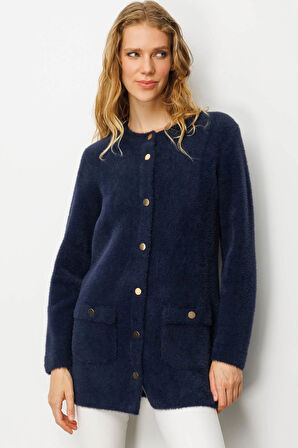 Kadın Sıfır Yaka Metal Düğmeli Araboy Afrodit Triko Ceket Lacivert