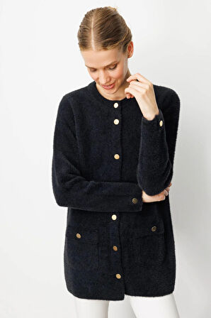 Kadın Sıfır Yaka Metal Düğmeli Araboy Afrodit Triko Ceket Siyah