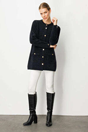 Kadın Sıfır Yaka Metal Düğmeli Araboy Afrodit Triko Ceket Siyah