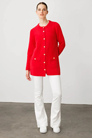 Kadın Sıfır Yaka Metal Düğmeli Araboy Afrodit Triko Ceket Y.Kırmızı