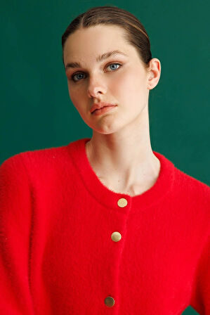 Kadın Sıfır Yaka Metal Düğmeli Araboy Afrodit Triko Ceket Y.Kırmızı