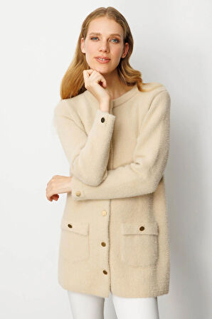 Kadın Sıfır Yaka Metal Düğmeli Araboy Afrodit Triko Ceket Bej