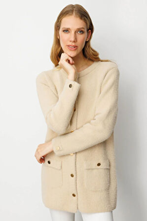 Kadın Sıfır Yaka Metal Düğmeli Araboy Afrodit Triko Ceket Bej