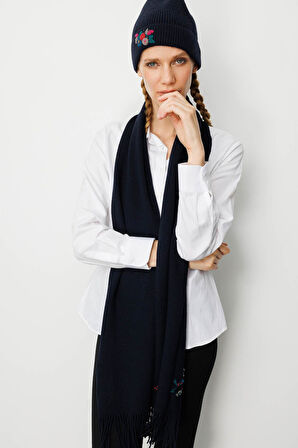 Kadın Rokoko Nakış İşlemeli Yün Bere Siyah