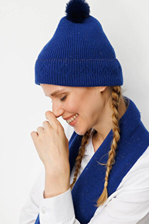 Kadın Simli Jakarlı Ponponlu Yün Şapka K.S.Mavi