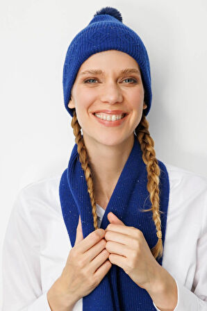 Kadın Simli Jakarlı Ponponlu Yün Şapka K.S.Mavi