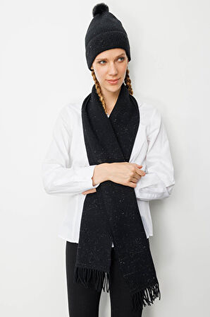 Kadın Simli Jakarlı Ponponlu Yün Şapka Siyah