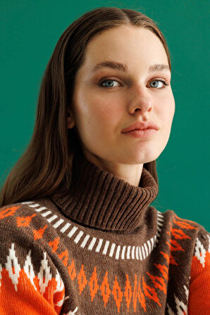 Kadın Tam Balıkçı Yaka Robası Baklavalı Yün Kazak Portakal