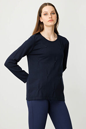 Kadın Sıfır Yaka Önü Pileli Boncuklu Ligralı Bluz K.Lacivert