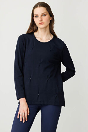 Kadın Sıfır Yaka Önü Pileli Boncuklu Ligralı Bluz K.Lacivert