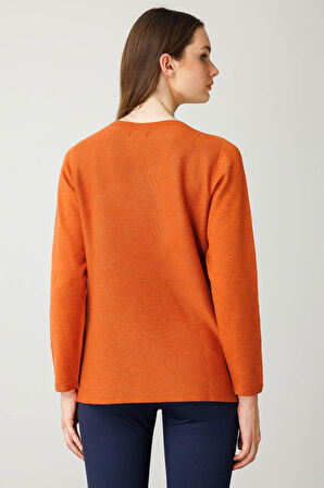 Kadın Sıfır Yaka Verev Taşlı Kazak Turuncu