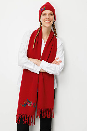 Kadın Tek Yanı Rokoko Nakış İşlemeli Yün Kaşkol K.Kırmızı