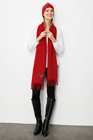Kadın Tek Yanı Rokoko Nakış İşlemeli Yün Kaşkol K.Kırmızı