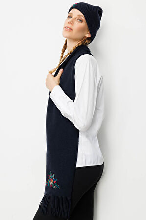 Kadın Tek Yanı Rokoko Nakış İşlemeli Yün Kaşkol K.Lacivert