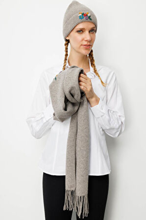 Kadın Tek Yanı Rokoko Nakış İşlemeli Yün Kaşkol Vizon