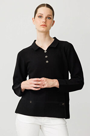 Kadın Polo Yaka Sahte Cepli Bluz Siyah